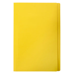 A single closed Marbig foolscap manilla folder in yellow, plain matte board with rounded outer corners on the open edge and two faint score lines along the spine fold, photographed square on white.