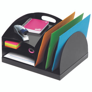 Marbig 86206B black metal two way organiser with horizontal slots holding sticky notes and paper on the left and orange, green and blue folders upright on the right