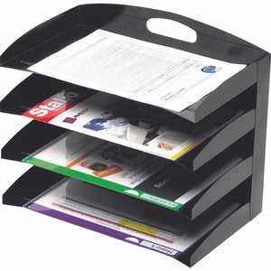 Marbig 86210B black metal desktop organiser with four stacked curved shelves holding a printed form, catalogues and coloured folders, and a tall back panel with a cut-out