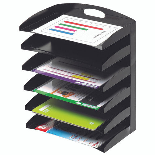 Marbig 86214B black metal desktop organiser with six stacked curved shelves holding a sales chart, coloured folders and catalogues, and a tall back panel with a cut-out