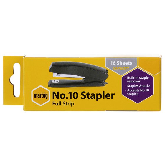 Yellow Marbig retail box printed No.10 Stapler Full Strip, 16 Sheets Capacity, Built-in staple remover, Staples and tacks and Accepts No.10 staples