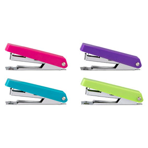 Four Marbig 975426 mini staplers from the side in pink, purple, aqua and lime, each with a chrome body