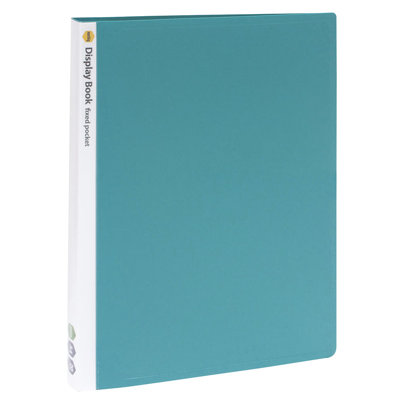 Angled front perspective of the Marbig A4 green non refillable display book displaying the durable green cover, white customisable spine and slim profile. The studio photograph highlights its professional appearance for office, education and home filing.