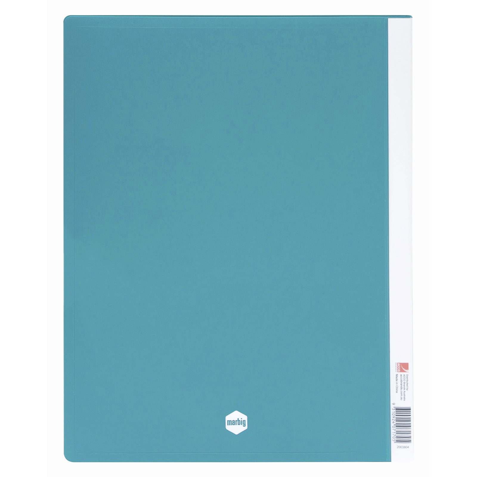 Rear view of the Marbig A4 green display book featuring the durable cover, Marbig branding and product identification label. The image showcases the robust construction and clean finish suitable for long term document organisation.