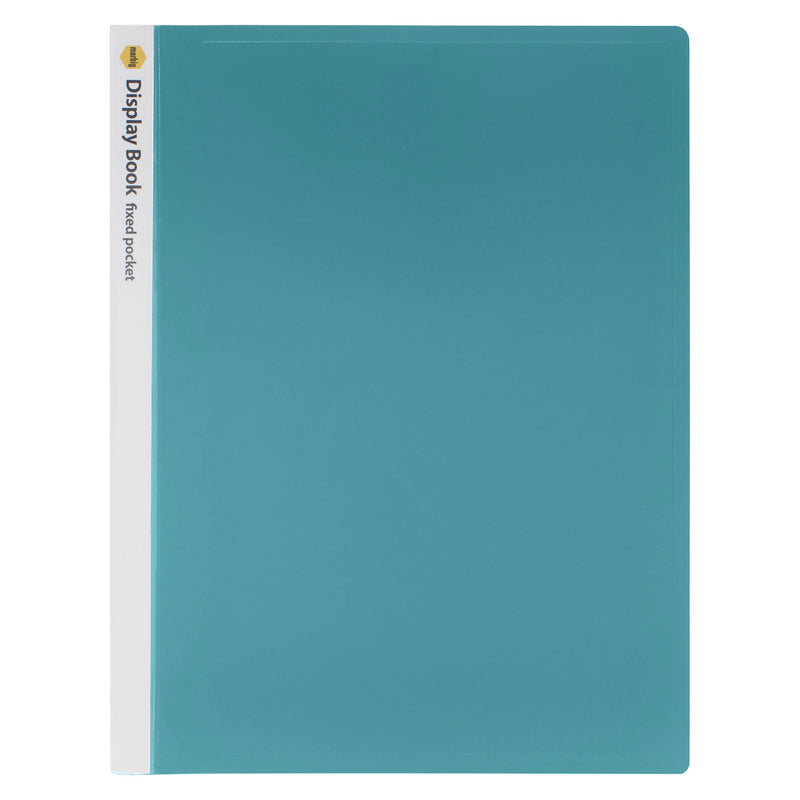 Front view of the Marbig A4 green display book against a white background, clearly showing the smooth durable cover and customisable spine insert designed for efficient filing, document protection and professional presentations.