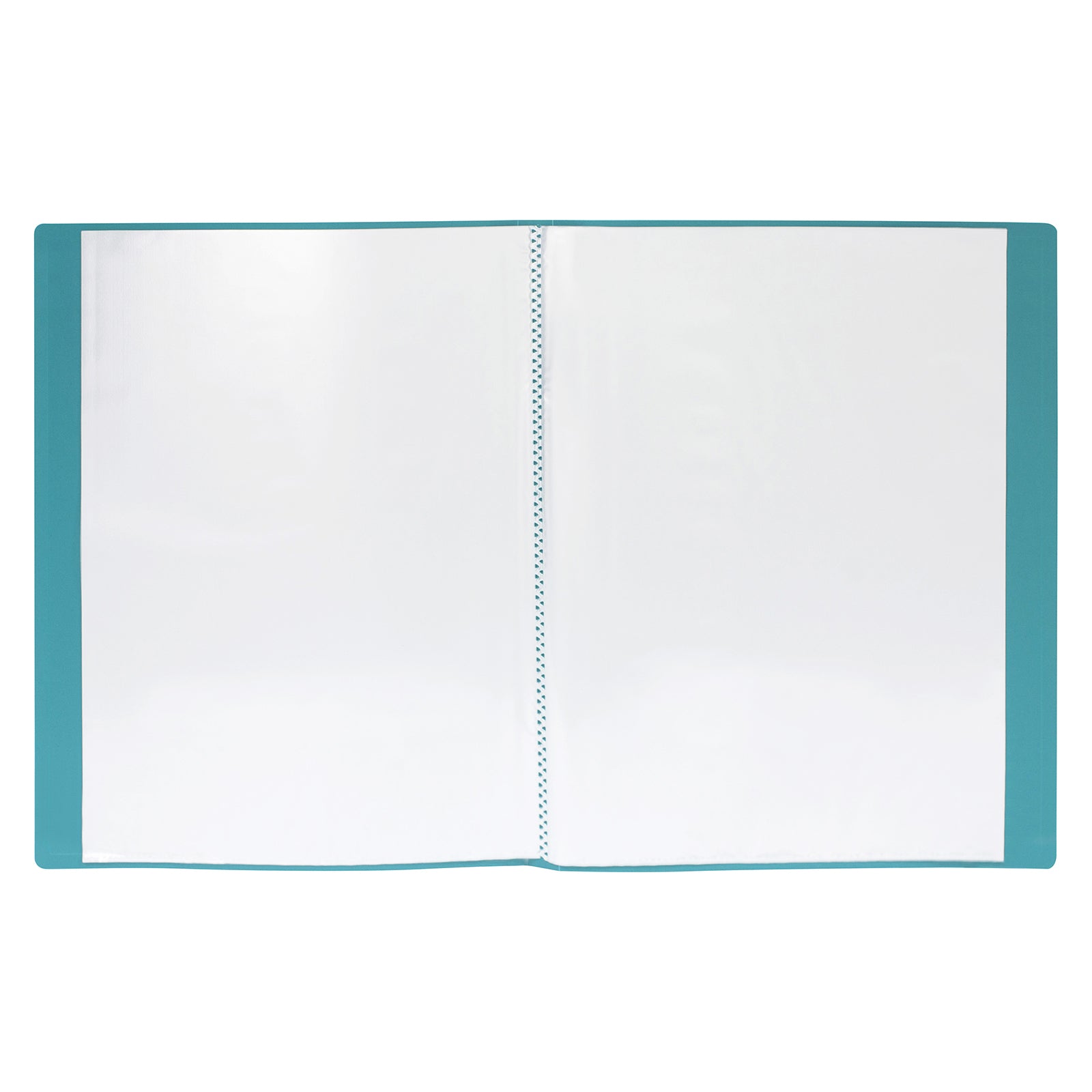 Fully opened Marbig A4 non refillable display book shown on a white background, highlighting the fixed spine construction and twenty clear polypropylene pockets designed for secure storage and professional presentation of A4 documents.