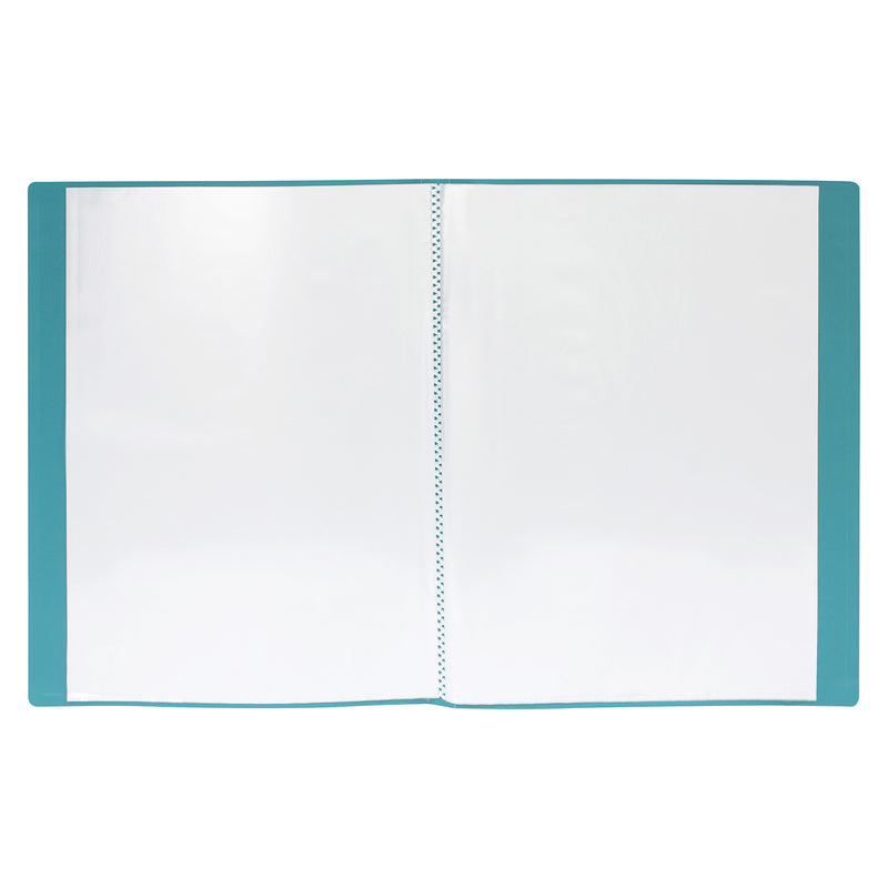 Fully opened Marbig A4 non refillable display book shown on a white background, highlighting the fixed spine construction and twenty clear polypropylene pockets designed for secure storage and professional presentation of A4 documents.