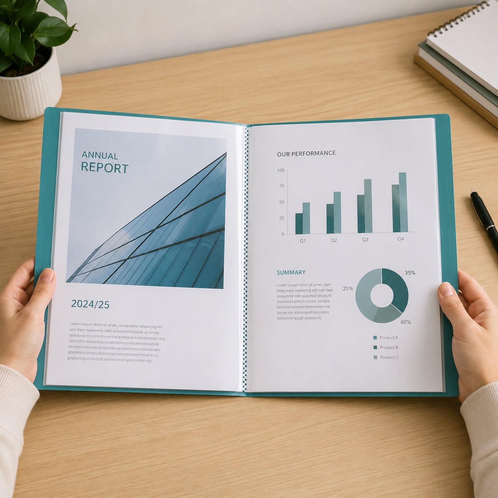 Hands hold the Marbig A4 green non refillable display book open on a timber desk, displaying a professionally presented annual report inside the clear polypropylene pockets. The organised office workspace highlights the display book as an ideal solution for presentations and document protection.