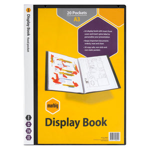 Marbig 2008802 retail pack in yellow with a 20 Pockets A3 badge, reading marbig Display Book fixed pocket, listing an insert front cover and insert spine label and twenty copy safe non stick non static pockets