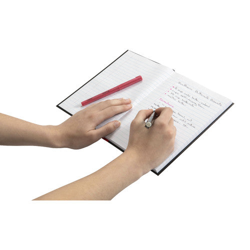 Marbig A5 Red Black notebook lying flat open to demonstrate full lay-flat binding