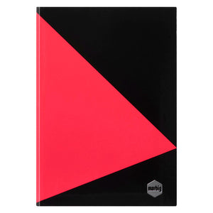 Front of the Marbig A5 notebook with index, a hard cover split diagonally in red and black with the Marbig logo in the lower corner
