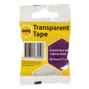 Marbig Transparent Tape 12mm x 33m in its yellow hang-sell bag, printed crystal clear with a glossy finish and 25.4mm core
