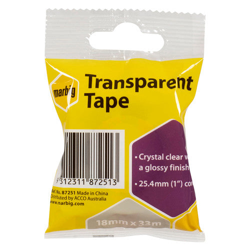 Marbig Transparent Tape 18mm x 33m hang-sell bag in yellow and purple, printed crystal clear with a glossy finish and 25.4mm core