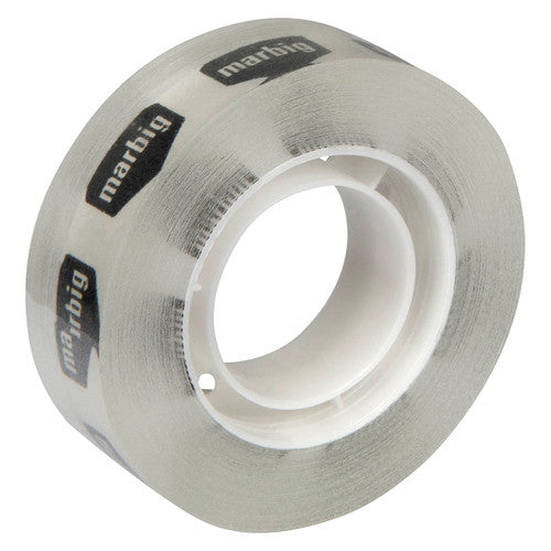 Roll of Marbig 18mm clear office tape at an angle, grey Marbig logos showing through the tape on a white core