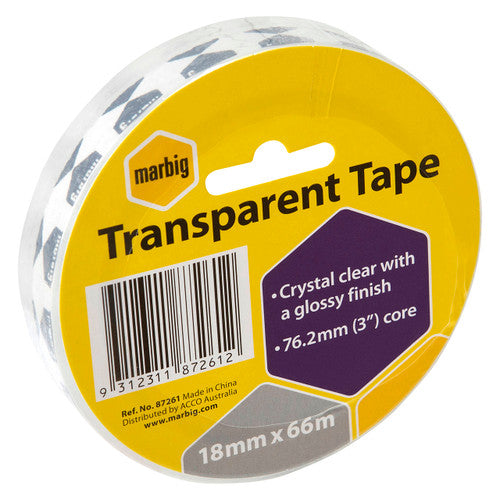 Marbig Transparent Tape 18mm x 66m roll with a yellow and purple label reading crystal clear with a glossy finish and 76.2mm core