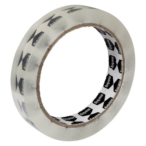 Bare Marbig 18mm clear office tape roll on a large brown core with black Marbig hexagon logos around it