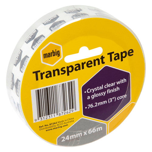 Marbig Transparent Tape 24mm x 66m roll with a yellow and purple label reading crystal clear with a glossy finish and 76.2mm core
