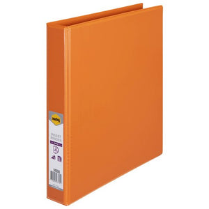 Orange Marbig Clearview insert binder shown at an angle with the marbig label and barcode on its 25mm spine
