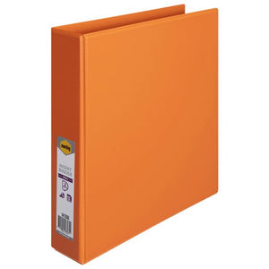 Orange Marbig Clearview 38mm insert binder at an angle, the white marbig retail label and barcode on its spine