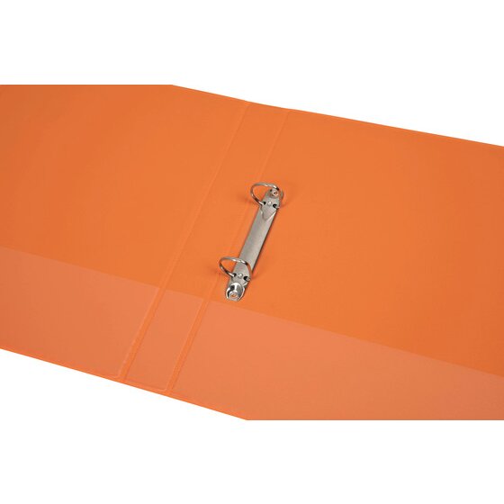 Orange Marbig Clearview binder lying open to show two metal D rings on a rail inside the back cover