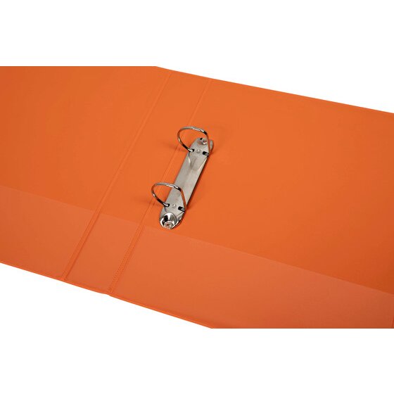 Orange Marbig binder lying open, two metal D rings on a short rail just inside the back cover