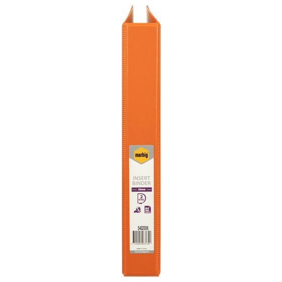 Orange spine of Marbig 5402006 with a label reading 25mm, 2 RING, A4 200 SHEETS, the code, barcode and Made in China