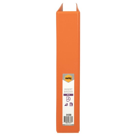 Orange spine of Marbig 5412006 with a label reading INSERT BINDER, 38mm, 2 RING, A4 300 SHEETS and Made in China