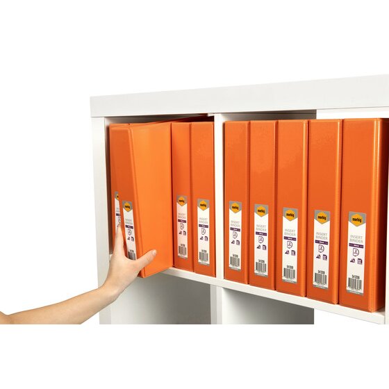 Hand taking one orange Marbig insert binder from a white shelf of matching orange binders with labels