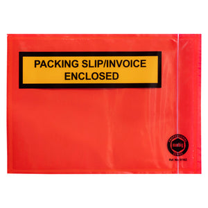 Marbig Professional red packaging envelope, 165 x 115mm, printed Packing Slip/Invoice Enclosed in black lettering on a yellow panel across the top