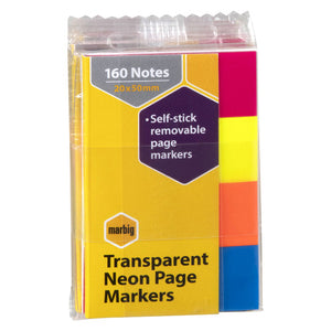 Marbig Transparent Neon Page Markers in a resealable pack printed 160 Notes 20x50mm and Self-stick removable page markers, with pink, yellow, orange and blue strips