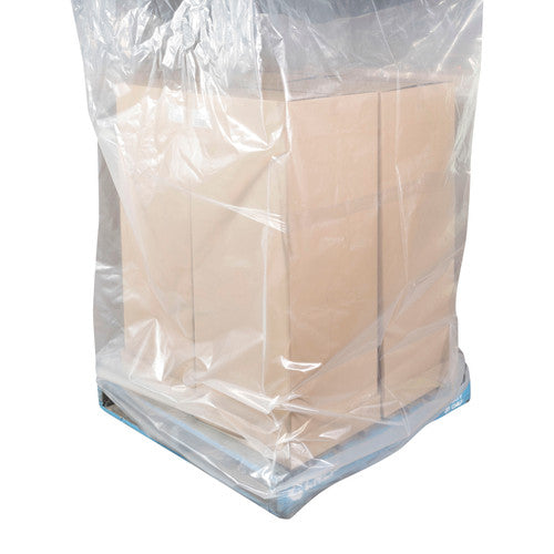 Brown cartons standing on a blue pallet base under a clear Marbig pallet cover pulled down over the top and sides