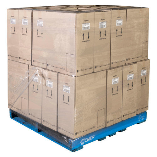 Two tiers of brown cartons on a blue pallet held together with clear stretch film wrapped around the whole load