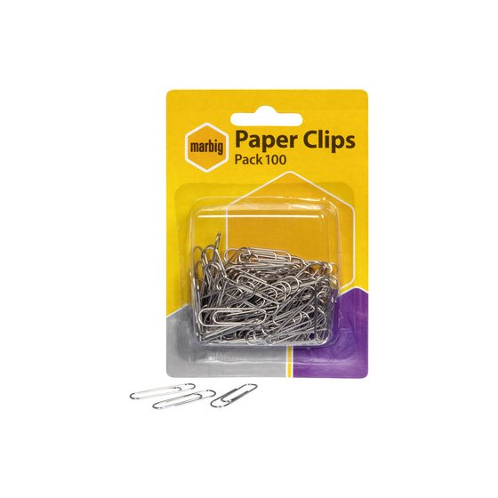 Marbig Paper Clips hang sell card with a clear blister of silver clips and three loose clips lying in front of it