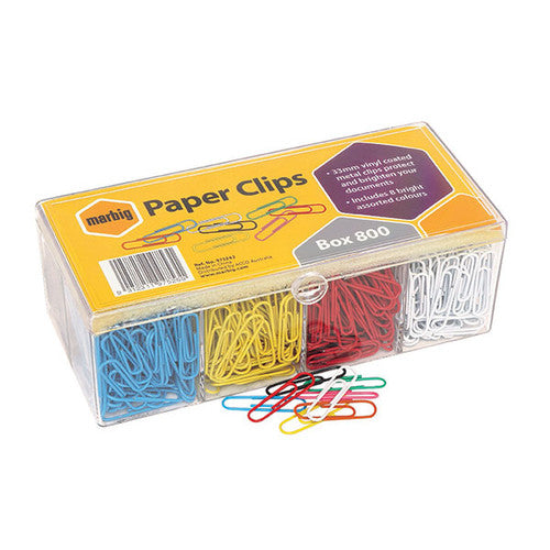 Marbig paper clips box of 800 in a closed clear container with a yellow label, coloured clips visible in each compartment