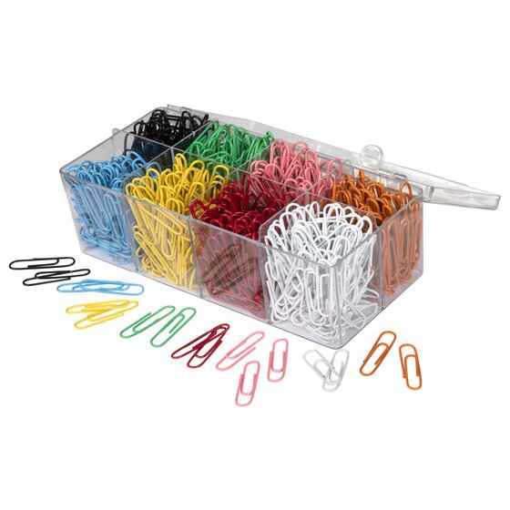 Marbig 975262 clear plastic box open with eight compartments of vinyl coated paper clips in black, green, pink, orange, blue, yellow, red and white