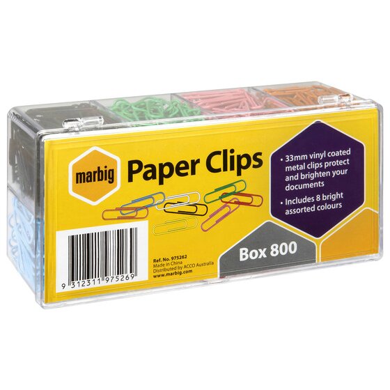 Front label of the Marbig 975262 paper clips box reading 33mm vinyl coated metal clips, includes 8 bright assorted colours, Box 800