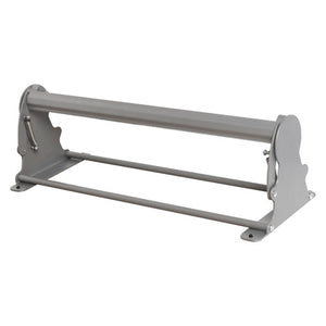 Marbig Professional counter stand for kraft paper rolls, grey metal frame with a serrated cutter bar, coil springs at each end and flat feet with fixing holes