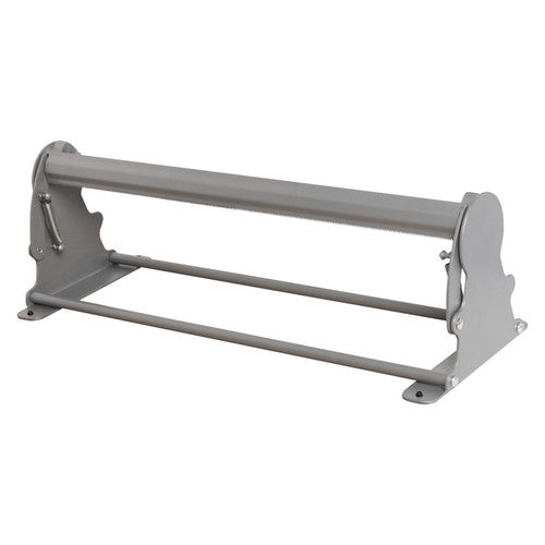 Grey metal Marbig Professional kraft paper counter stand shown empty, with the cutter bar and its serrated edge across the top and a spring fitted to each end plate