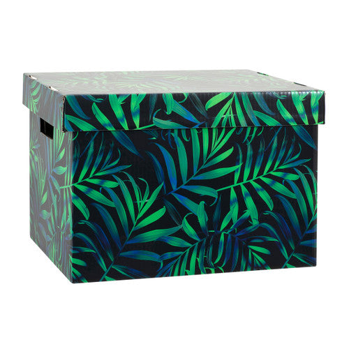 Angled Marbig Midnight Palm archive box with lid on, printed with green and blue palm fronds on a near black background