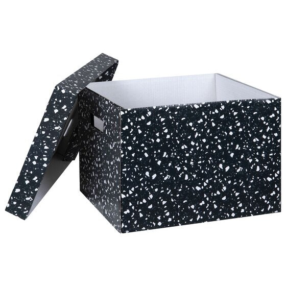 Empty Marbig terrazzo archive box with its lid lifted aside, white board lining the inside of the box