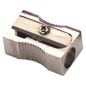 Marbig single hole metal pencil sharpener in silver, wedge shaped body with ribbed grip and the blade fixed by one cross head screw