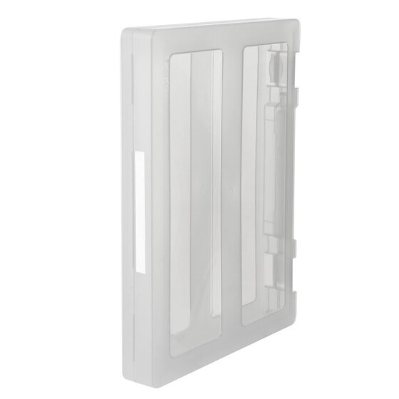 Marbig clear A4 carry case standing upright on its edge, showing the handle and the clear lid panels