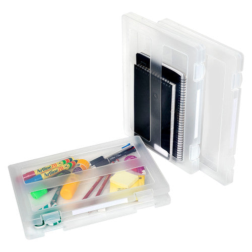 Two Marbig clear plastic file cases, one standing open with notebooks inside and one lying flat holding markers and stationery