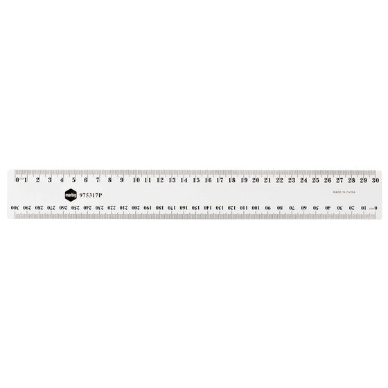 Clear Marbig 975317P 30cm plastic ruler laid flat with centimetre and millimetre scales on opposite edges and Made in China printed near one end