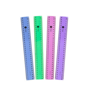 Four Marbig 975618 translucent fluorescent 30cm rulers side by side in blue, green, pink and purple with black metric markings