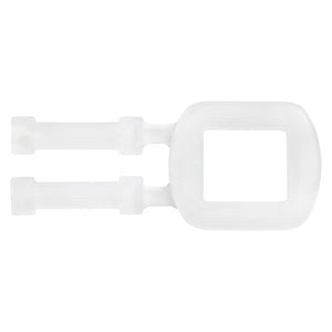 Single white Marbig Professional plastic strapping buckle for 12mm and 15mm strap, showing two parallel bars beside a square loop