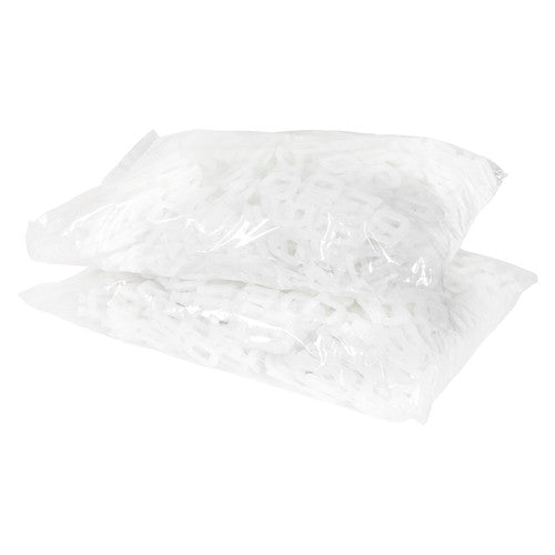 Two clear plastic bags packed with loose white Marbig plastic strapping buckles for 19mm polypropylene strap