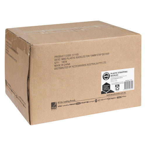 Brown Marbig carton of plastic strapping buckles printed product code 51155, buckles for 19mm strap box of 1000, made in China, with a white product label