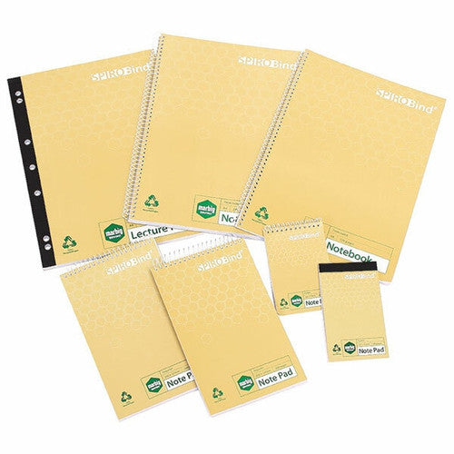 Marbig top-bound pocket notebook open to show recycled pages, 112x77mm compact size