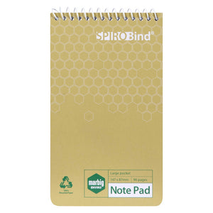 Front cover of the Marbig SPIROBind large pocket notebook in beige with a spiral along the top, marked Large pocket, 147 x 87mm and 96 pages